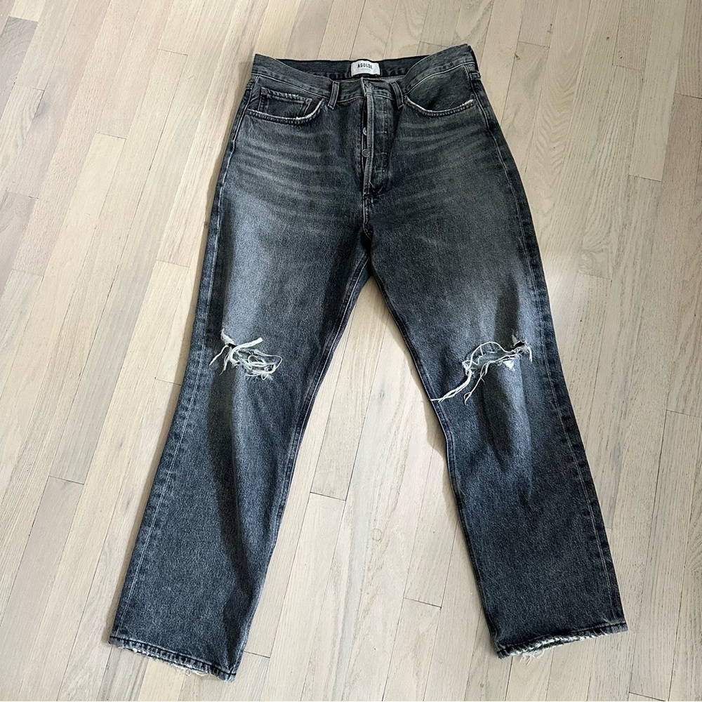 Agolde Women's Relaxed Black Distressed wide leg jeans